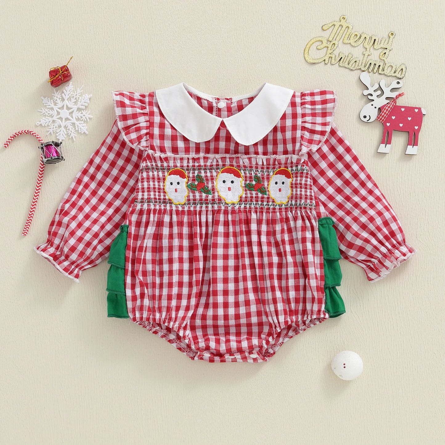 Baby Girls Christmas Romper - Plaid Santa Embroidery Long Sleeve Jumpsuit