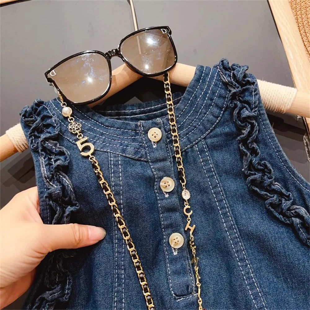 Girls Denim Vest Dress – Frill Edge Three-Button Sleeveless A-Line
