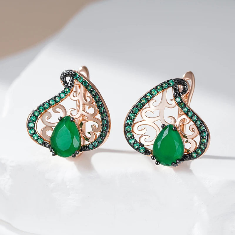 Women 585 Rose Gold and Black Plating Vintage Green Natural Zircon Crystal Flower Drop Earrings