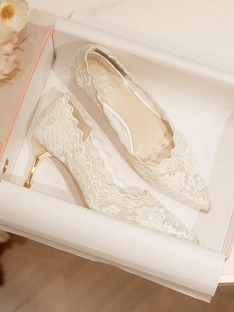 Embroidered Bridal Heels - Pointed Toe Wedding Pumps with 6.5cm Heel