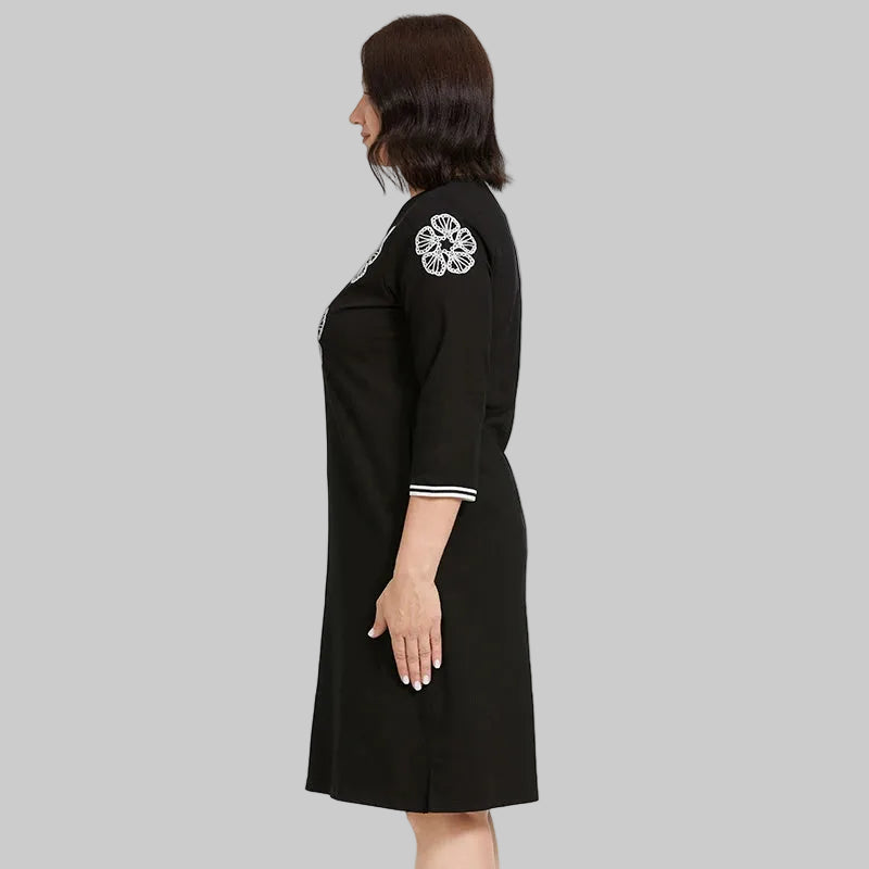 Women's Oversized Floral Embroidery A-Line Midi Dress – Long Sleeve