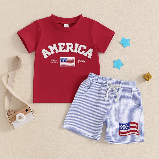 0-4Y Kids Boys American Flag Clothes Sets Letter Embroidery Short Sleeve T-Shirt with Stripe Shorts