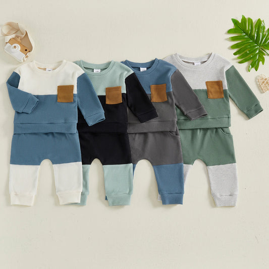 Casual Baby Boys Clothes Set - Long Sleeve Waffle Top & Elastic Waist Pants (0-3Y)