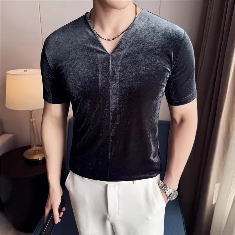 Men's Summer V-Neck Short Sleeve Elastic Slim Fit Breathable T-Shirt