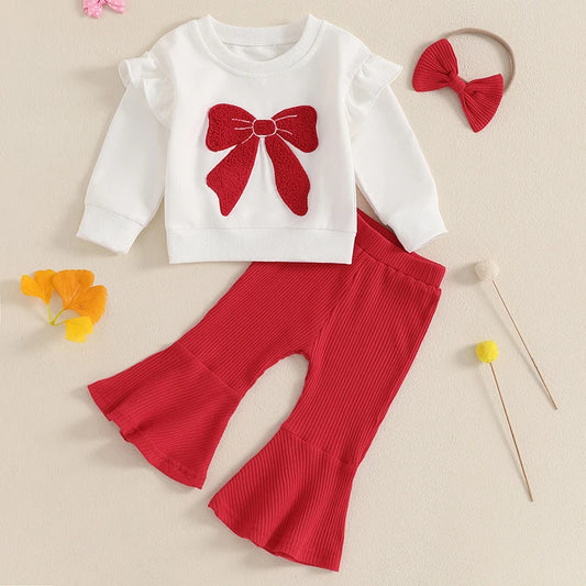 Baby Girls Bow Embroidery Ruffle Sweatshirt, Flared Pants & Headband Set | 6M–3T