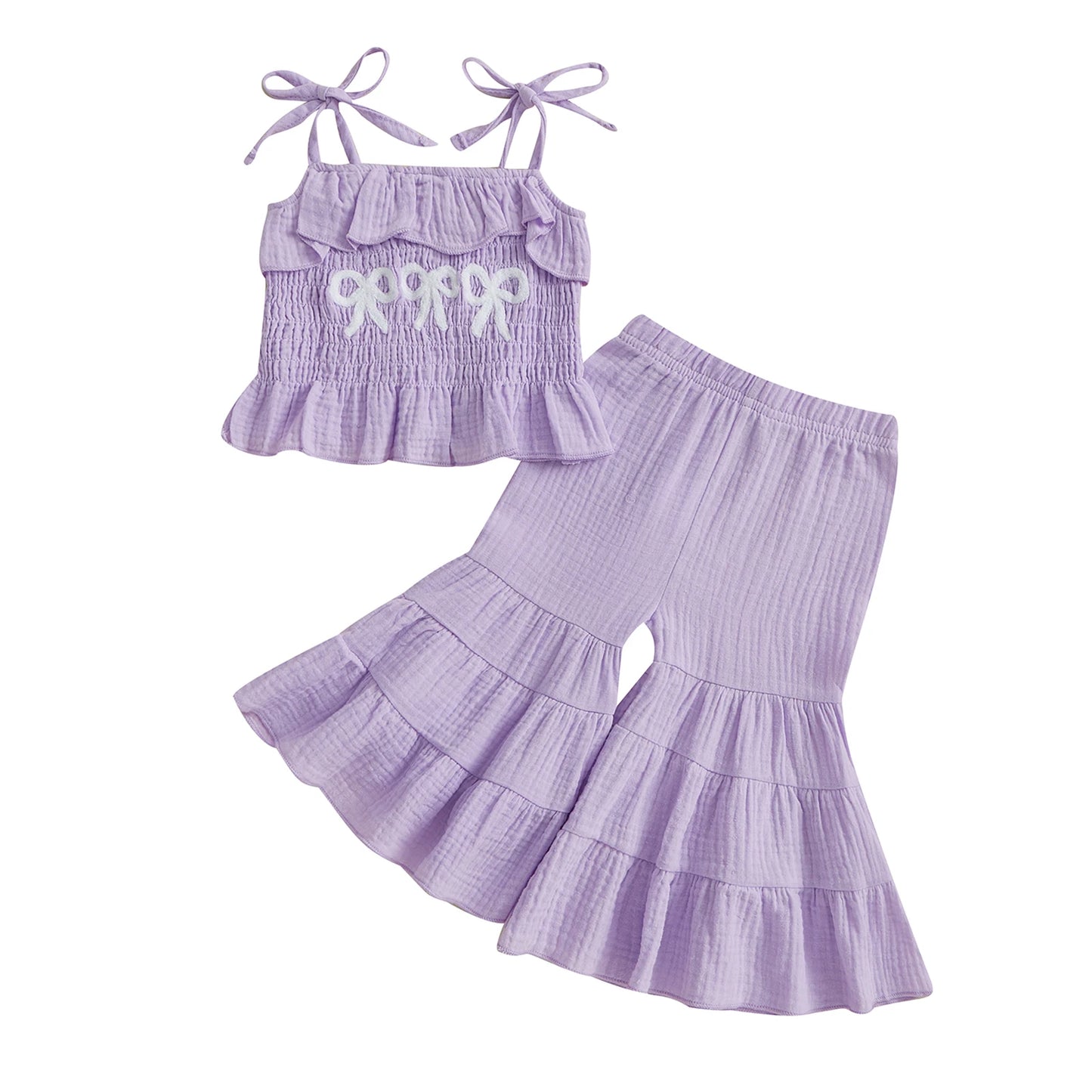0-6Y Kids Girls Summer Clothes Set Bow Embroidery Tie-Strap Tank Top with Solid Color Flare Pants