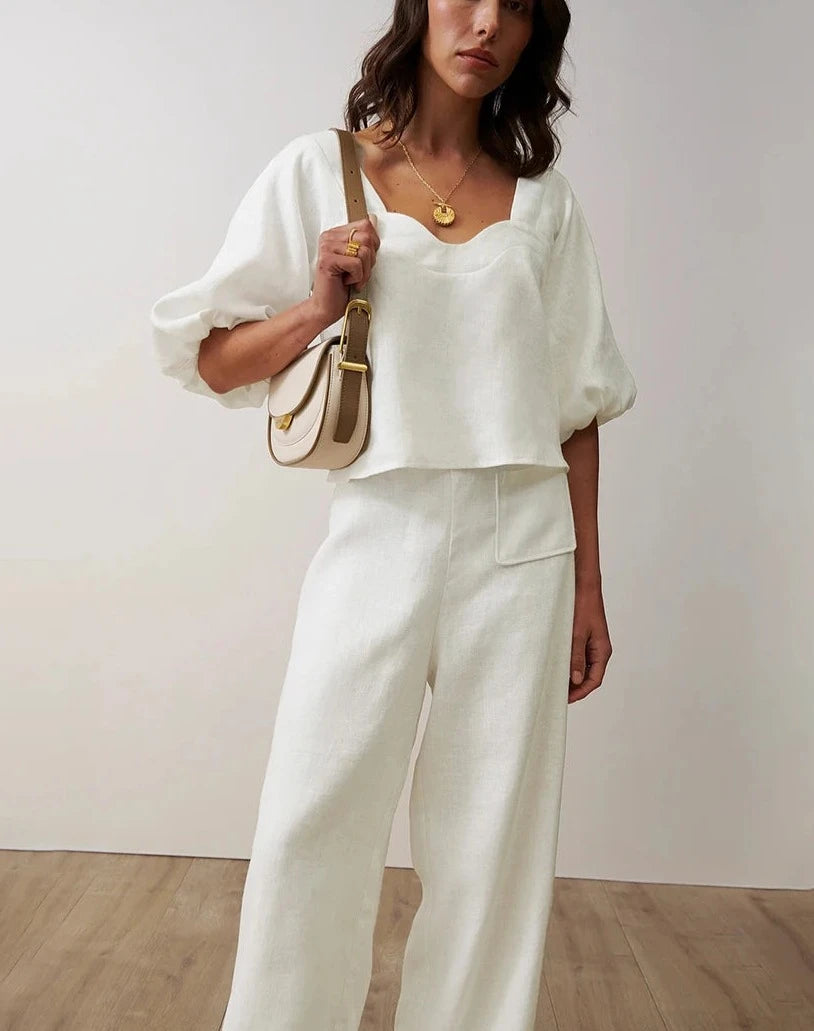 Women's Loose White Cotton 2 Piece Set  Summer Short Sleeve Shirt With High Waist Wide Trousers Set