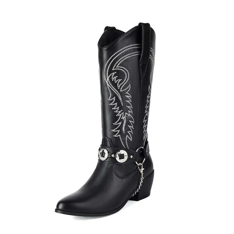 Women's Tapered Circular Metal Chain Chelsea Bohemian Pointed Leather Knee High Boots