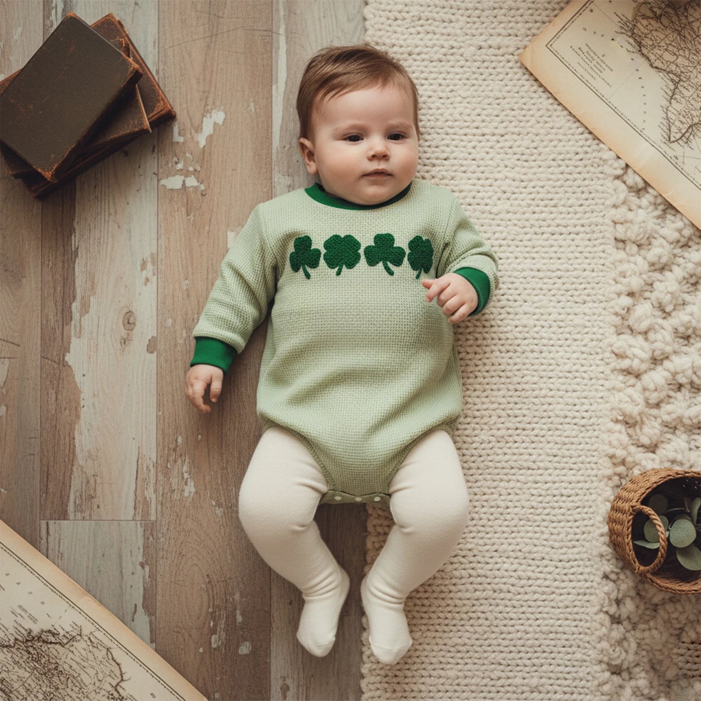 Baby Boys Girls Festival Romper - Shamrock Embroidery Plaid Long Sleeve Jumpsuit