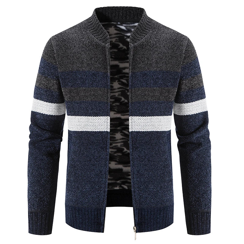Men's Slim Fit Striped Cardigan - Stand Collar Knitted Sweater Coat