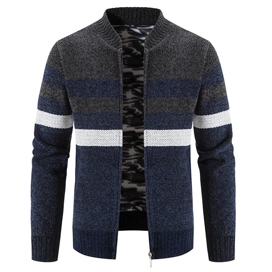 Men's Slim Fit Striped Cardigan - Stand Collar Knitted Sweater Coat