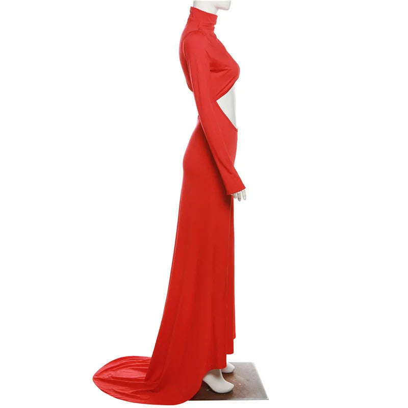 Women's Cut Out Maxi Dress Long Sleeve Ruched Backless Gown Dress