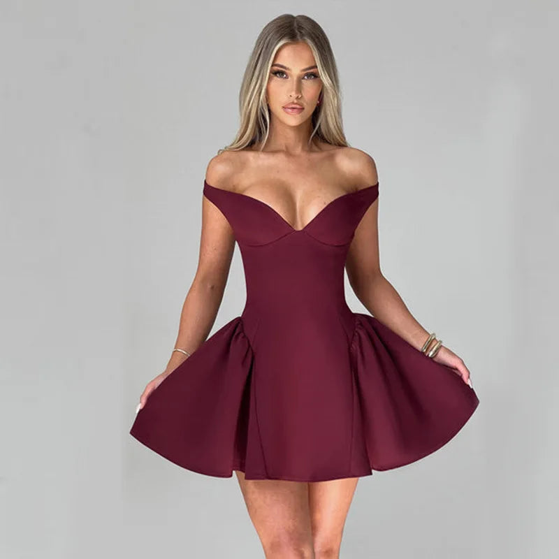 Women's Elegant Off Shoulder Draped V Neck Mini Strapless A-Line Dress