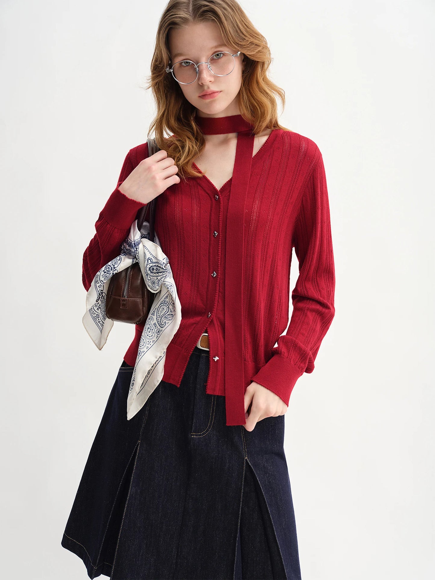 Women's Autumn Clothing Set - Long Sleeve Shirt & A-Line Skirt