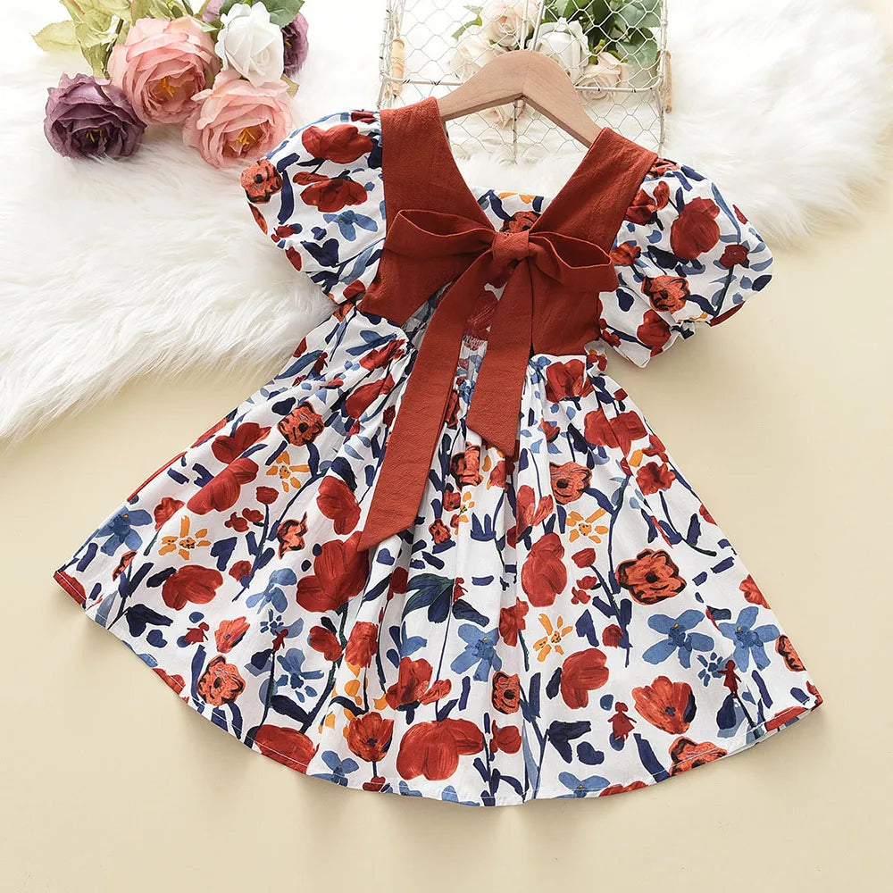 Girl's Floral Princess Backless Tie Bow Puff Sleeve Dress for 3-11Y