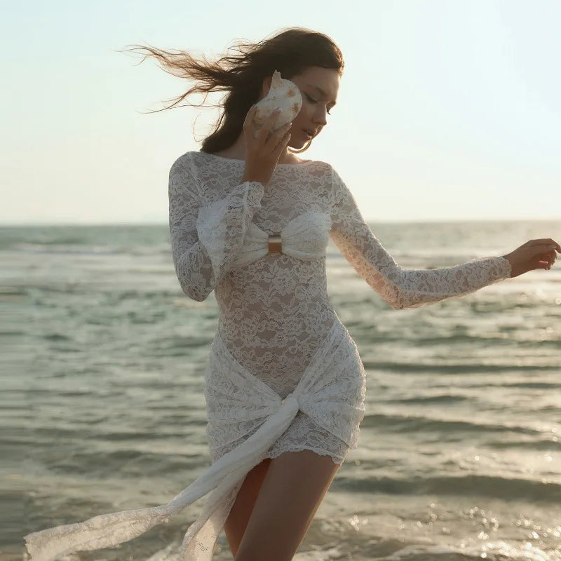 Women's Embellished Lace Hollow Out Mini Dress - Flare Sleeve See Through Wrap