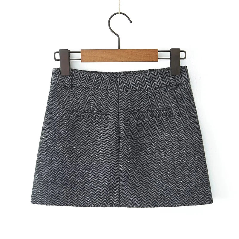 Vintage High Waist Woolen A-Line Mini Skirt - Elegant Office Wear Skirt