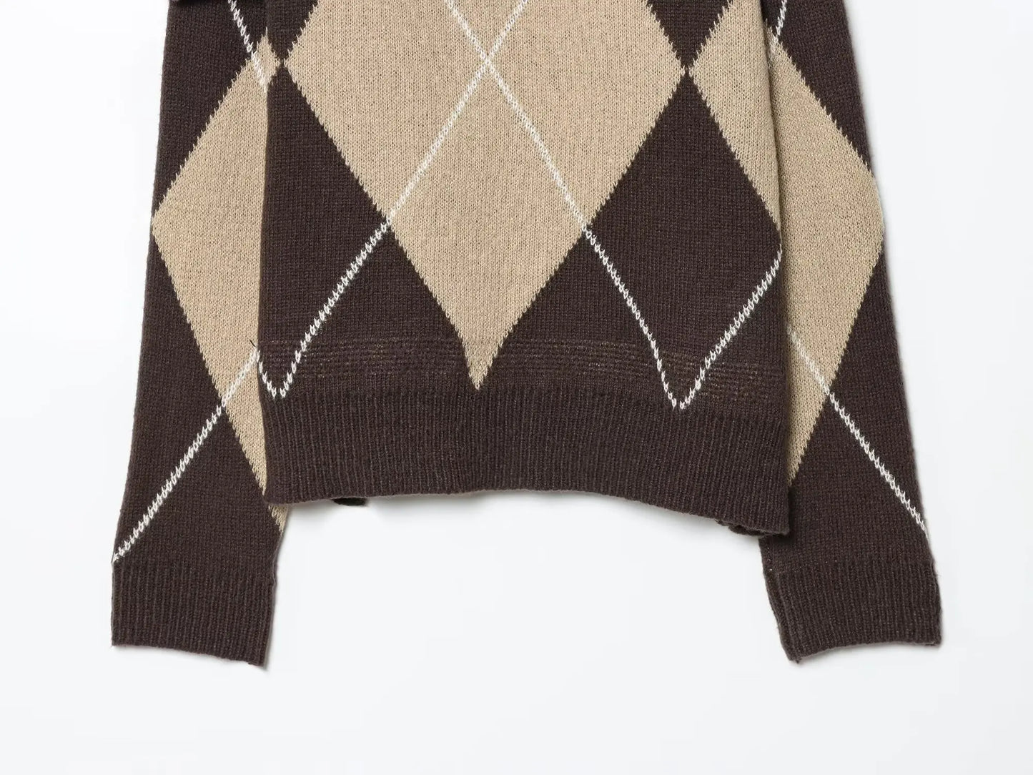 Vintage Argyle Off Shoulder Knit Sweater - Long Sleeve Loose Casual Pullover