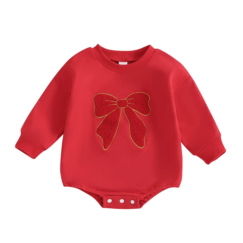 0-18M Baby Girls Sweatshirt Romper Bow Embroidery Long Sleeve Crew Neck Bubble Jumpsuit