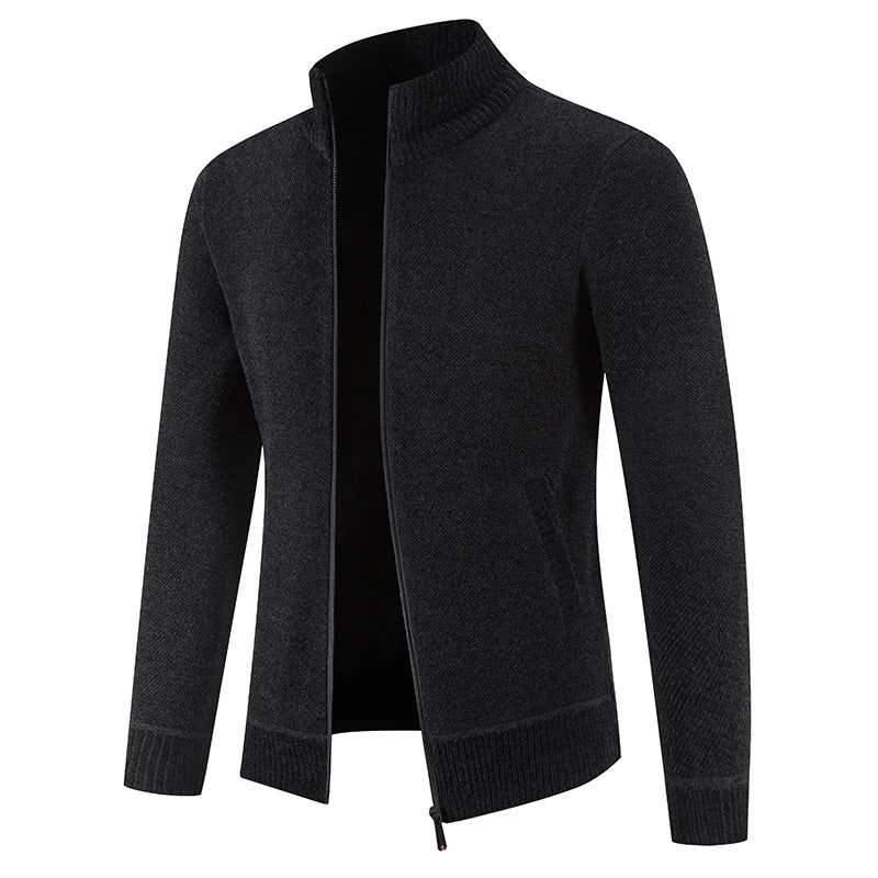 Men's Thick Knit Zip-Up Cardigan with Stand Collar