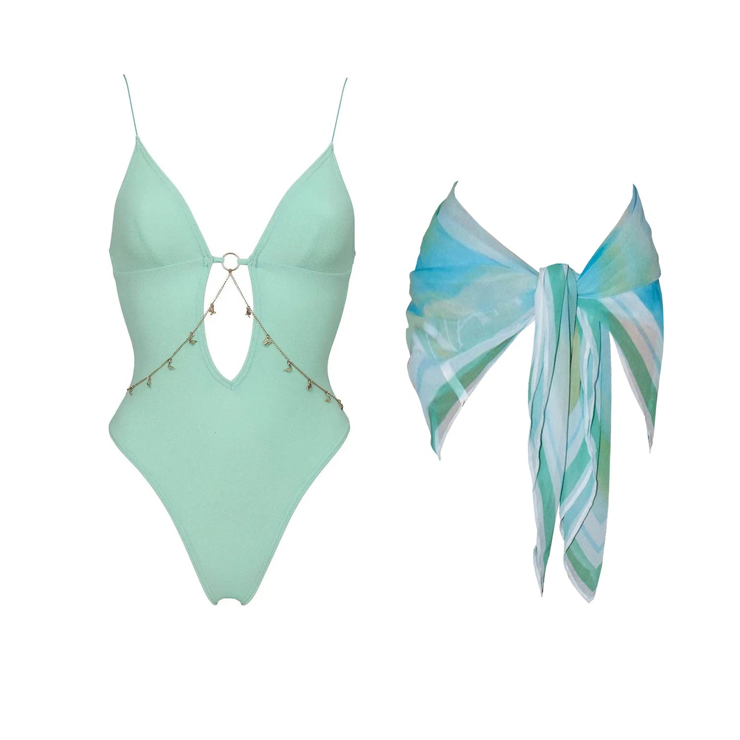 Women's Chain Detail One Piece Swimsuit with Cover Up Set