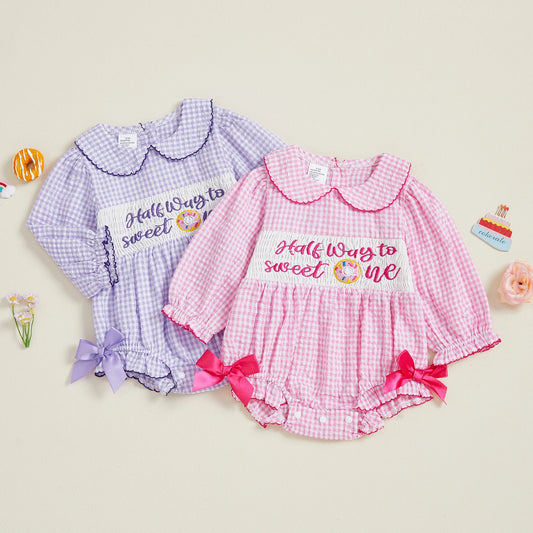 Newborn Baby Girls' Plaid Bubble Romper - Letter Embroidery Doll Collar Smocked Jumpsuit