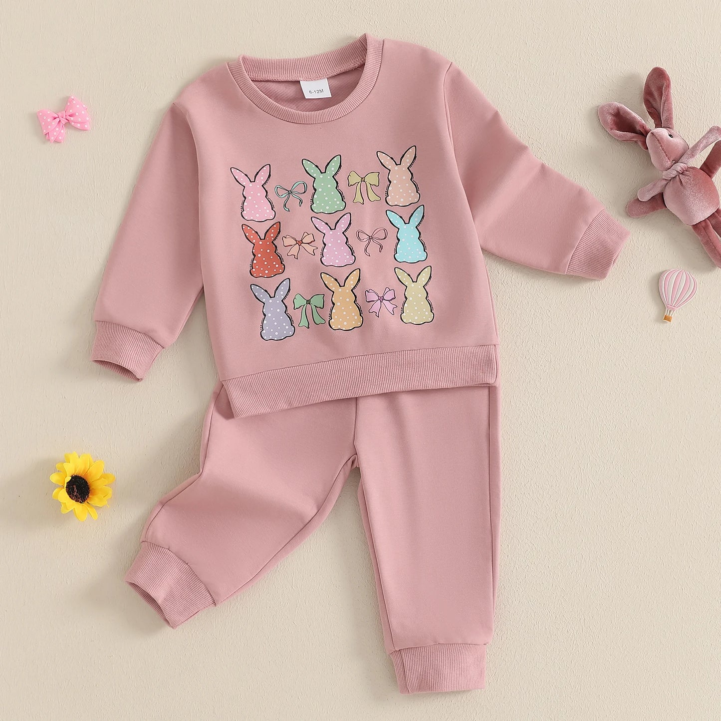 0-3Y  Baby Girls Easter Clothes Sets Rabbit Bow Print Long Sleeve Crew Neck Sweatshirt with Elastic Waist Pants