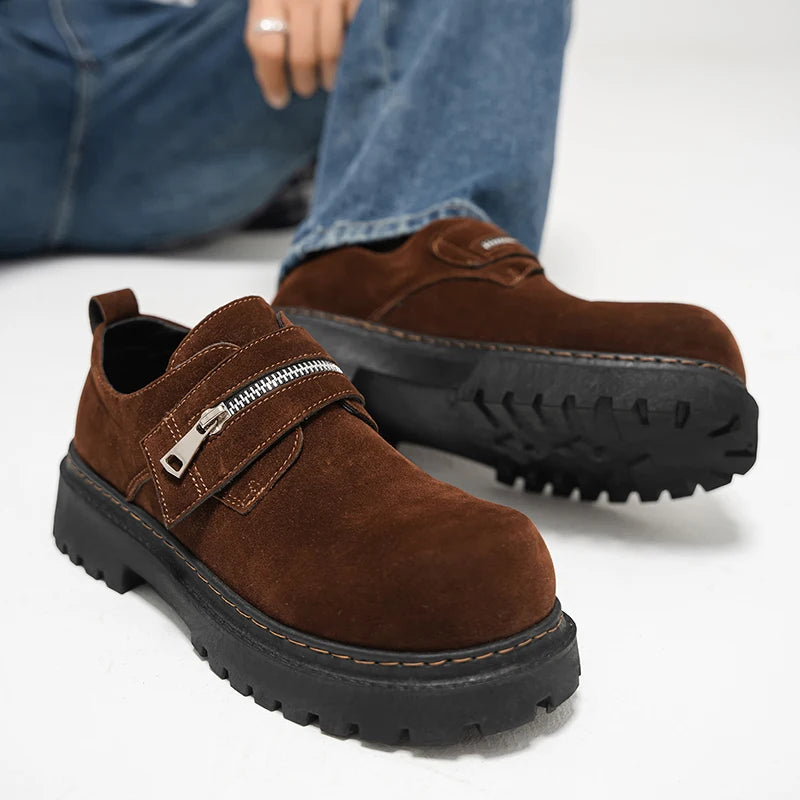 Men's Suede Leather Platform Work Shoes - Zipper Business Sneakers