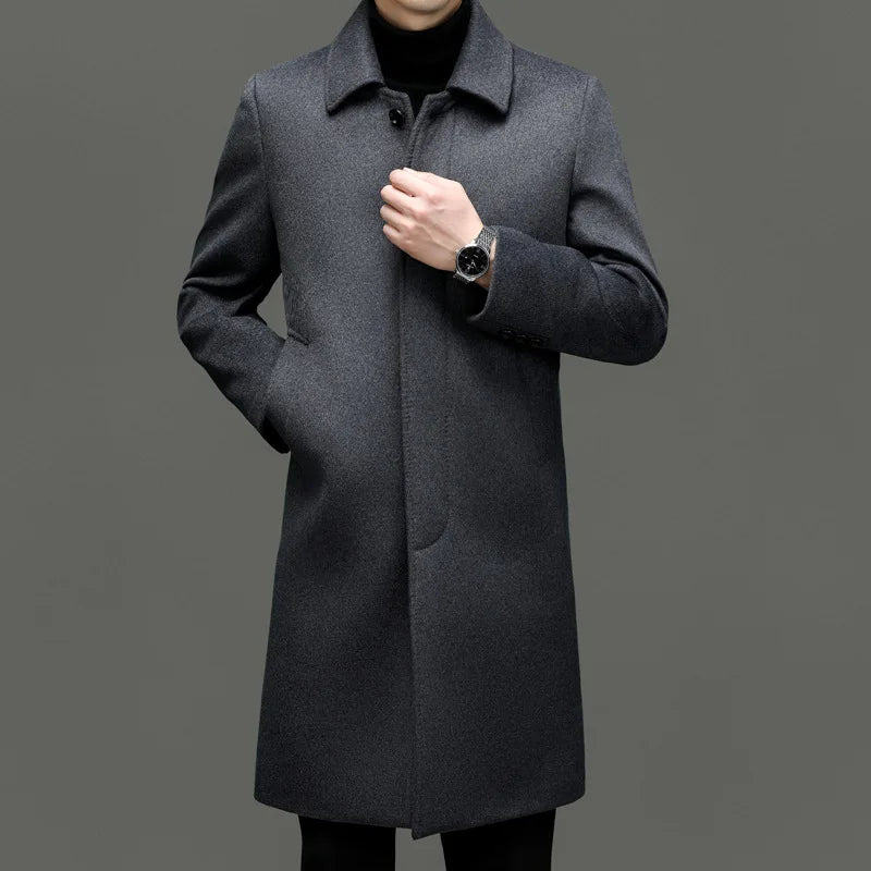 Men's Turn Down Collar Overcoats Wool Blends Trench Coat