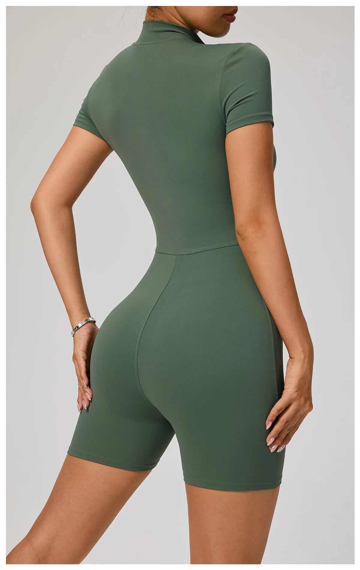 Zipper Front Jumpsuit - Short Sleeve Nylon Workout Set for Gym & Yoga