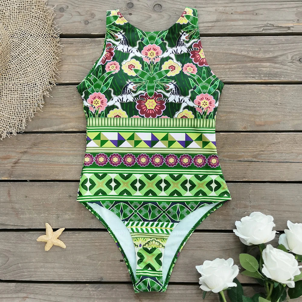 Women's Print One Piece Swimsuit Vintage Retro Backless Monokini