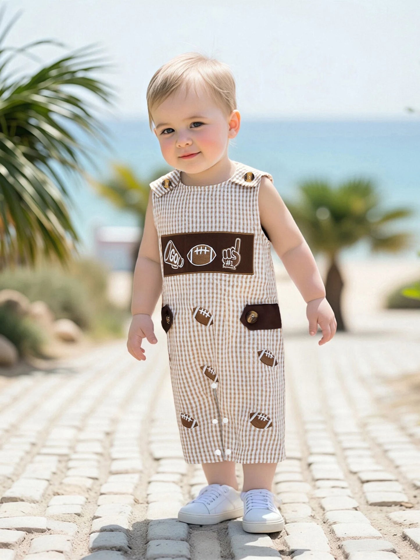 Baby Plaid Romper Overalls - Sleeveless Football Embroidery Jumpsuit (0-18M)