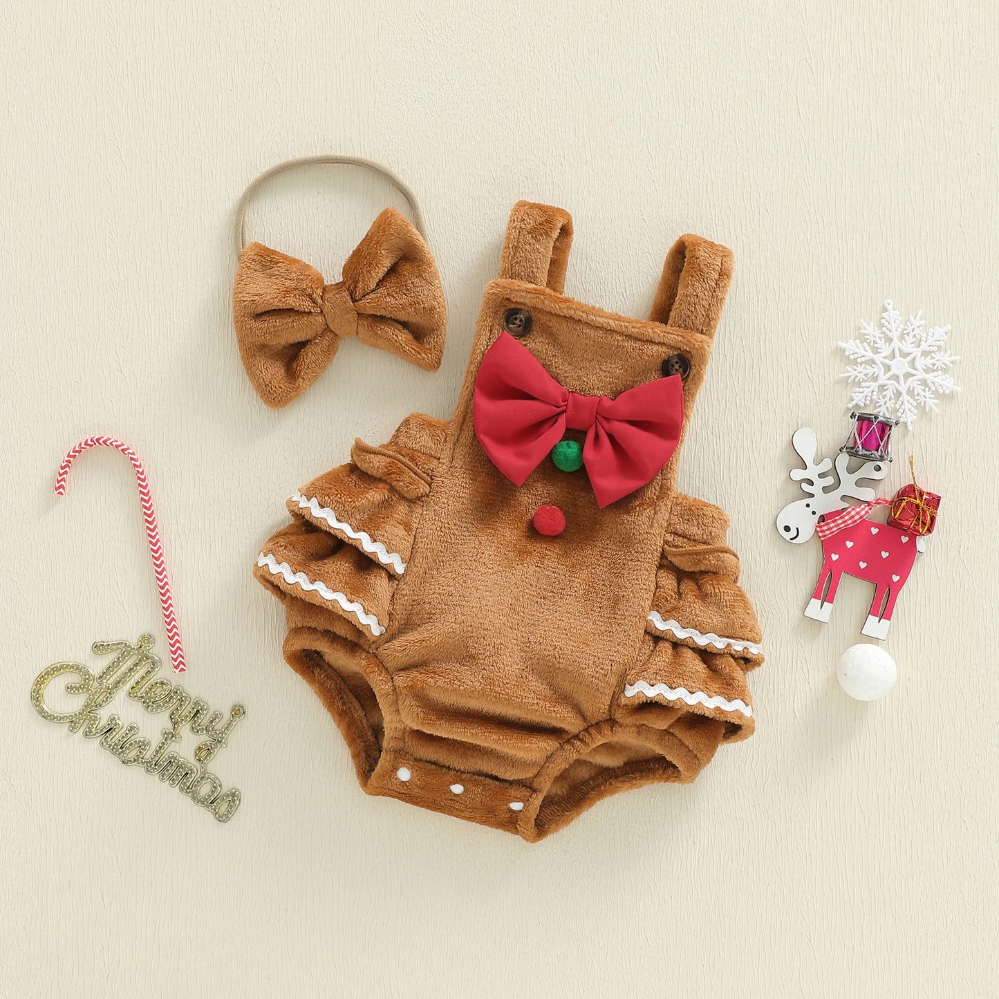 Baby Girls' Christmas Romper Outfit - Gingerbread Man Sleeveless Jumpsuit with Hairband