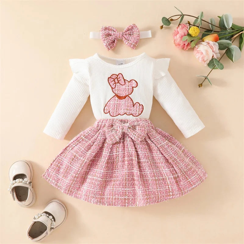 0-18M 3pcs Baby Girls Lovely Clothes Sets Bear Embroidery Long Sleeve Romper Plaid Skirts Headband