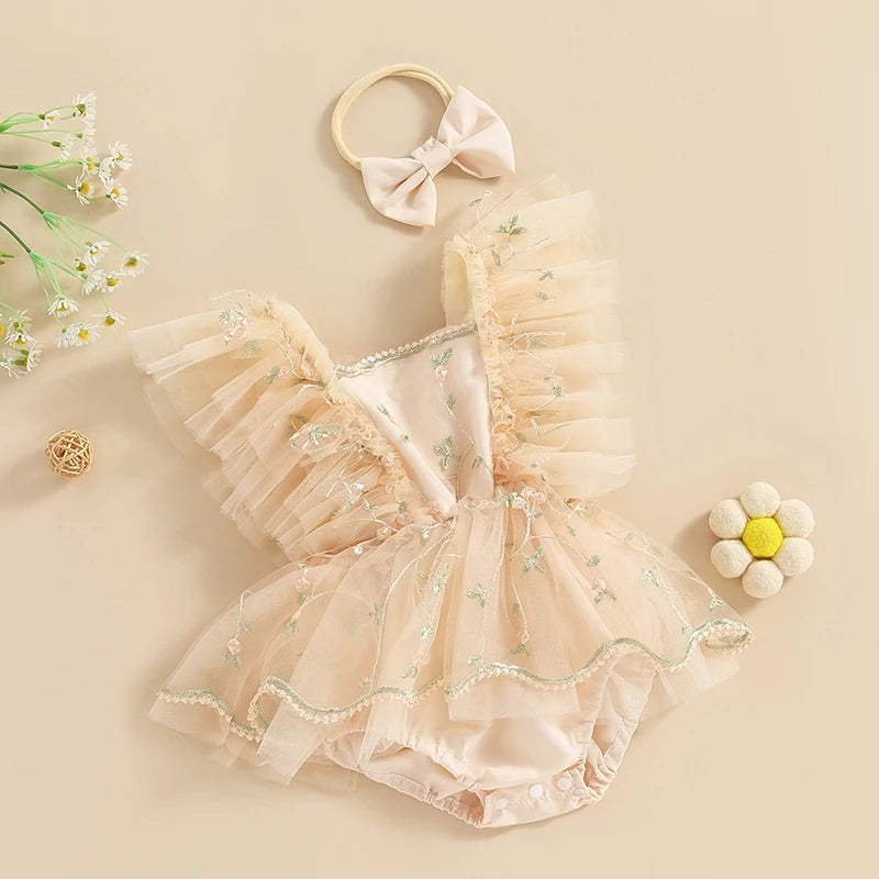 Baby Girls Summer Romper Dress with Headband - Floral Embroidery Tulle Jumpsuit