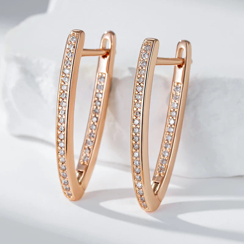 Rose Gold V-Shape Hoop Earrings - Natural Zircon Women's Jewelry