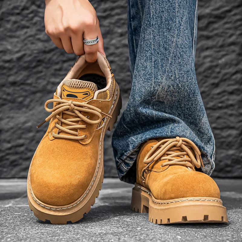 Men's Platform Suede Sneakers - Lace-Up Casual Outdoor Shoes