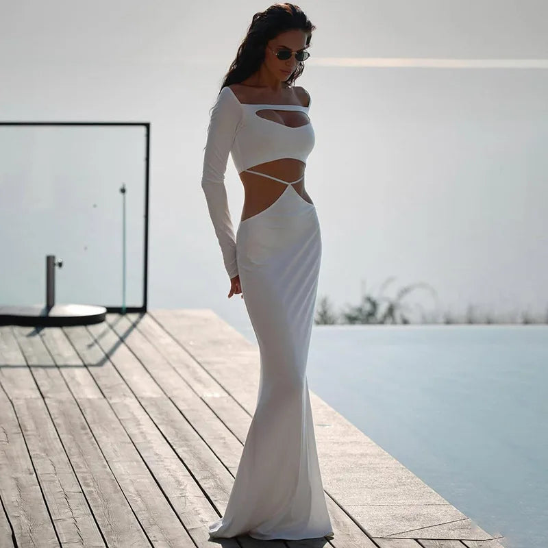 Women's Off Shoulder Cut Out Maxi Dress - Bandage Long Sleeve Gown