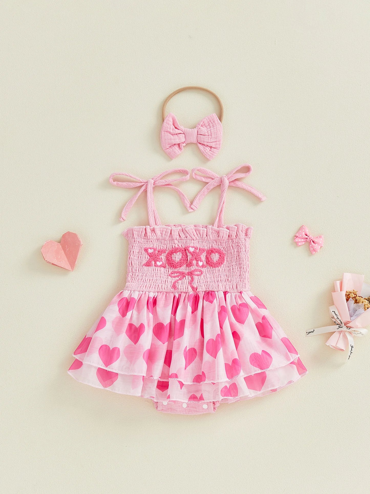 Baby Valentine's Day Romper Set - Letter Embroidery Jumpsuit with Bow Headband