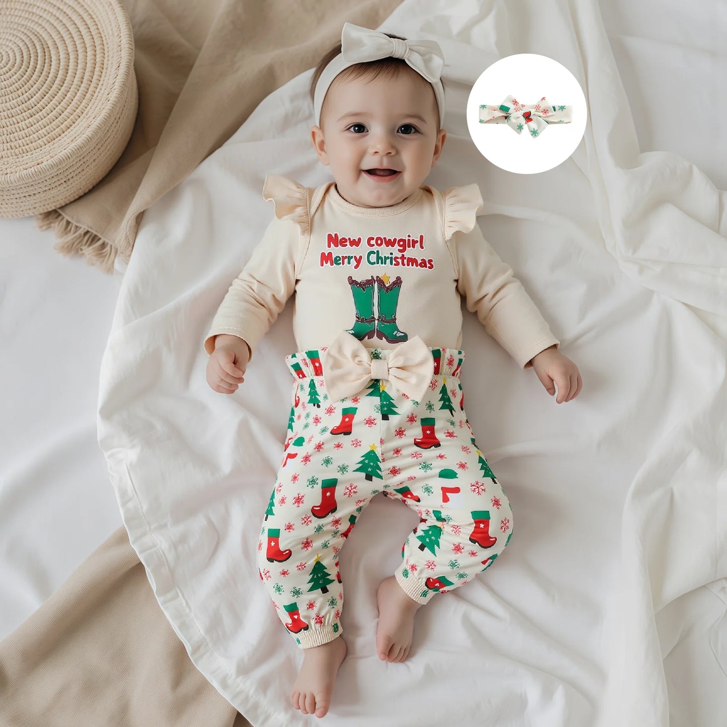 Baby Girls Christmas Outfit Set - 3-Piece Letter Long Sleeve Romper, Pants & Bow Headband (0-18M)