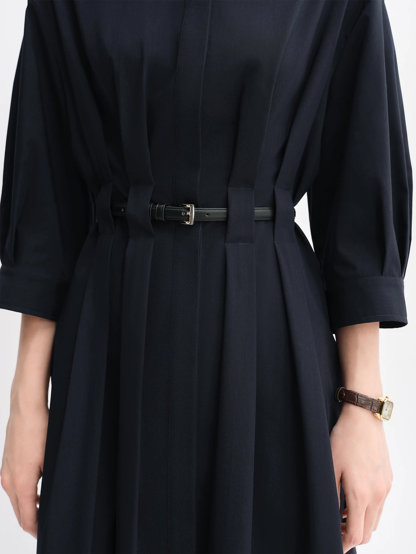 Vertical Striped Shirt Dress with Pleated Design and Belt