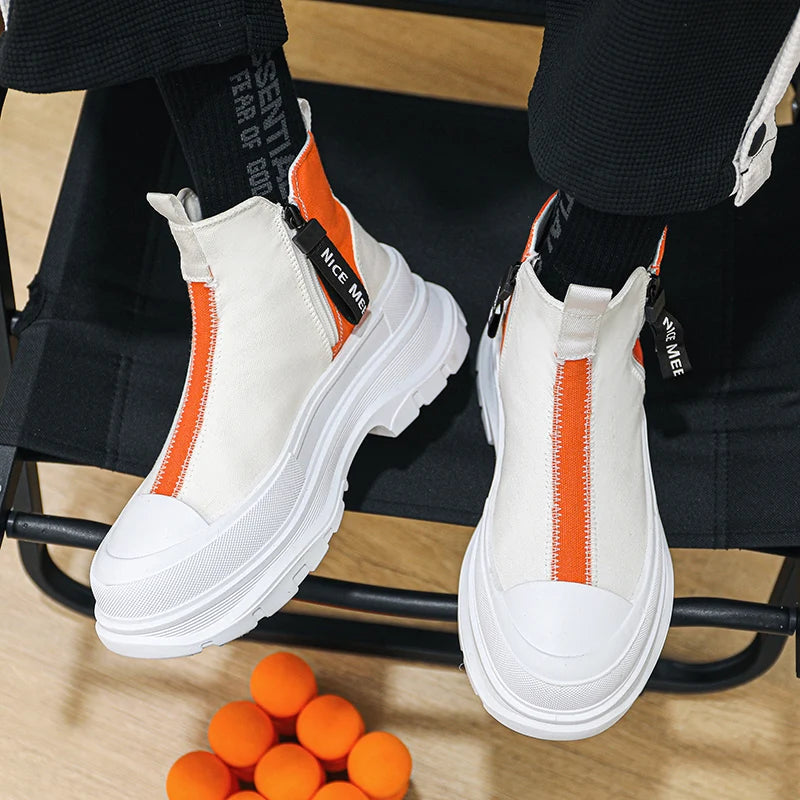 Men's Casual Sneakers Canvas Chunky Platform Ankle Boots High-cut Zip Patchwork Sneakers Breathable Sport Shoes