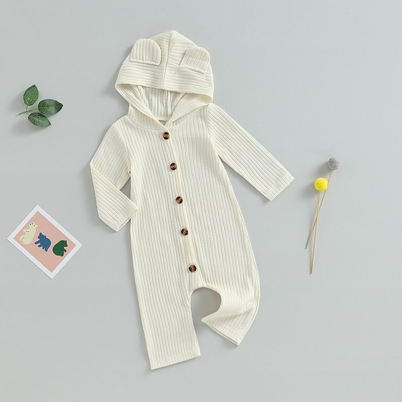 0-12M Autumn Baby Romper - Solid Colour Long Sleeve Hooded Jumpsuit for Boys & Girls