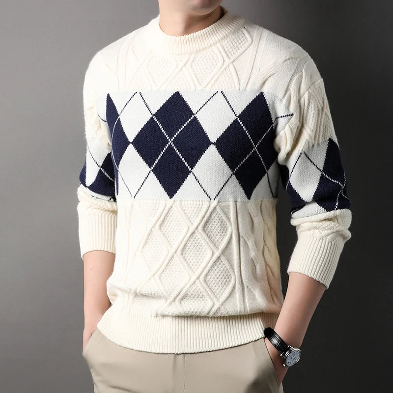 Men's Argyle Mock Neck Knitted Sweater - Warm Casual Pullover