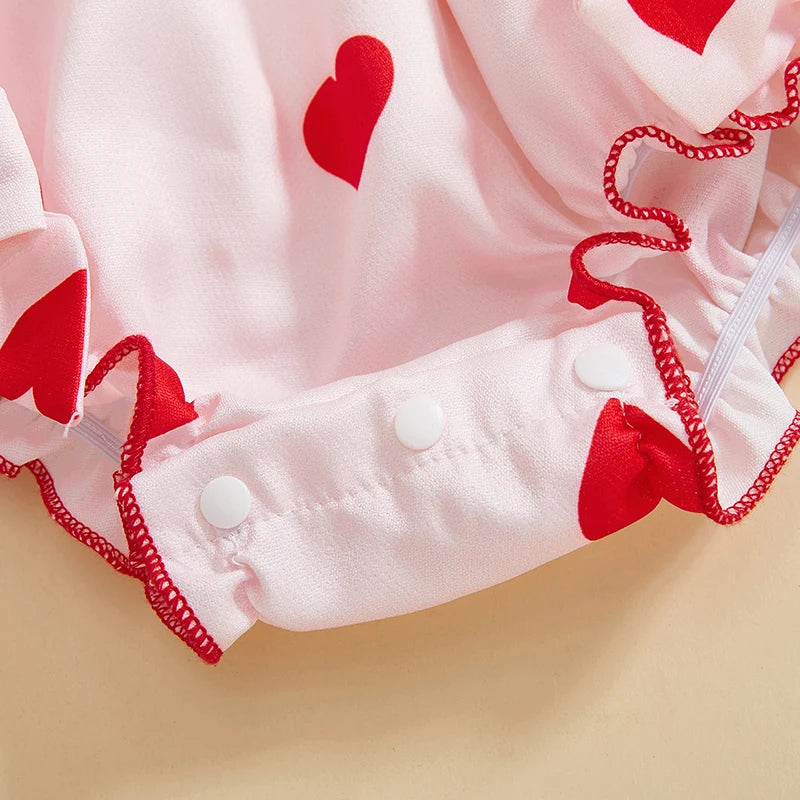Baby Girls Valentine's Day Romper - Heart Print with Letter Embroidery & Bow (0-24M)