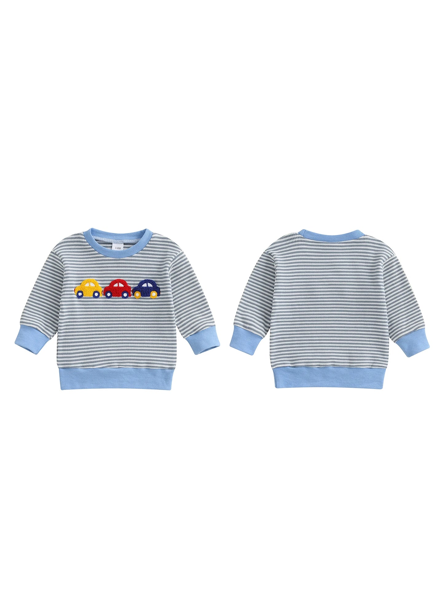 Baby Boys Car/Dinosaur Embroidered Striped Print Pullover Waffle Knit Top
