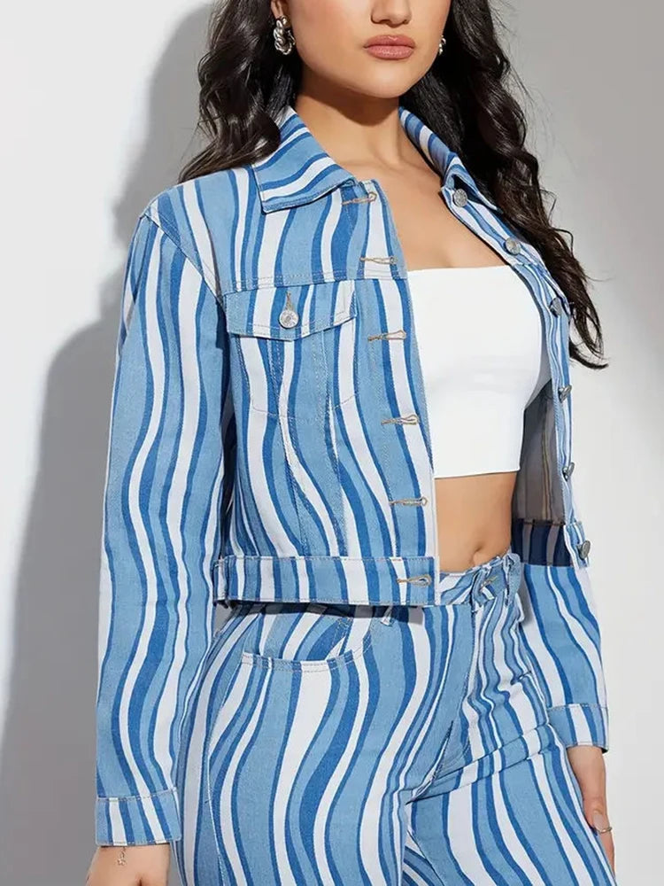 Women Lapel Long Sleeve Jacket High Waist Wide Leg Hit Colour Striped Two Piece Set