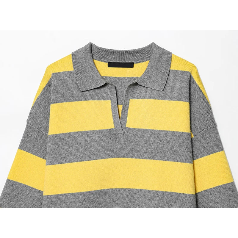 Striped Knit Polo Neck Sweater