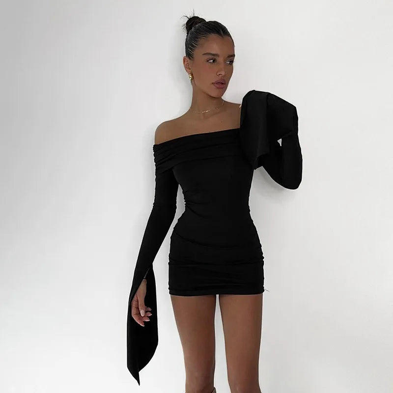 Women's One-Shoulder Ruched Long Sleeve Hip Wrap Solid High Waist Dress