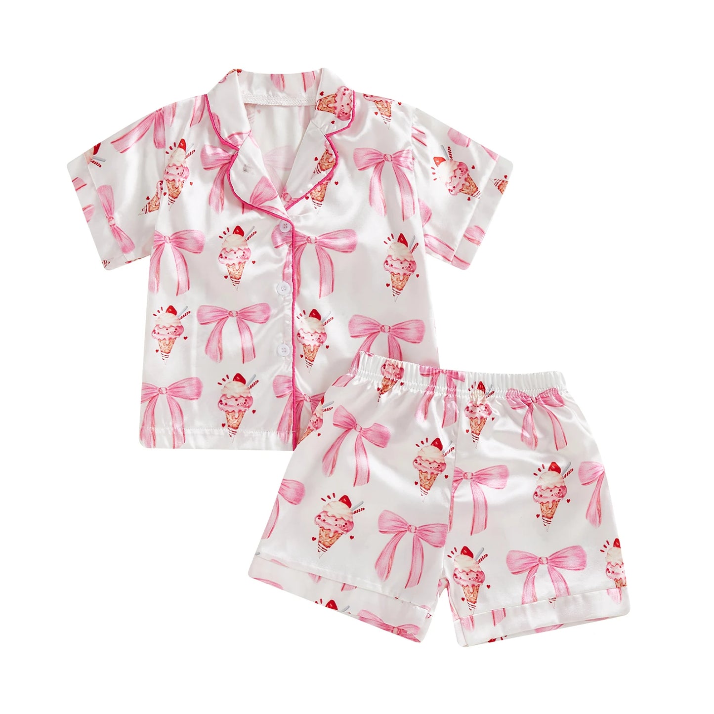 0-4Y Summer  Kids Girls Summer Pyjamas Clothes Sets 2pcs Flower Bow Print Single Breasted Shirts and Shorts